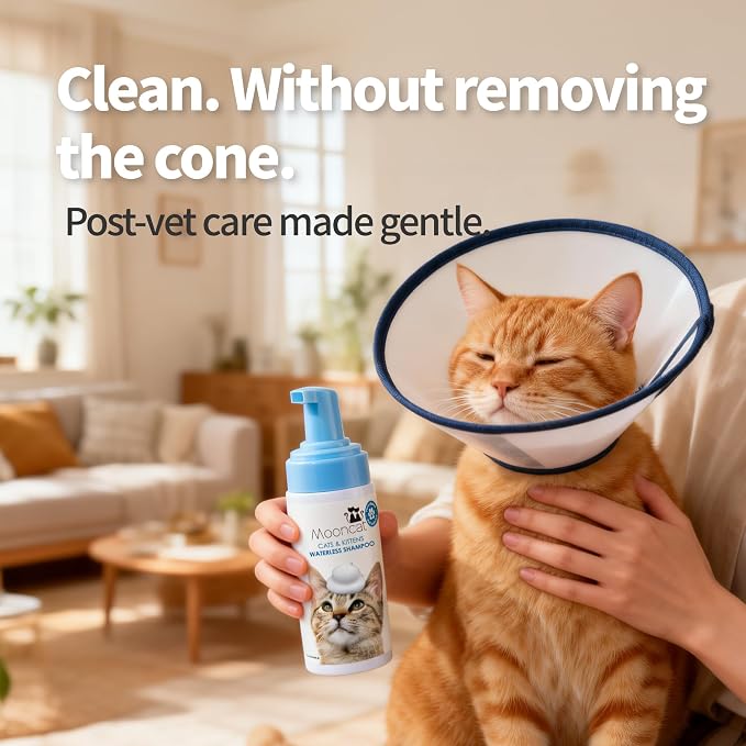 Mooncat Waterless Cat Shampoo + 2-in-1 Cat Bath Brush Set, No Rinse Dry Foam Bath for Short Hair Cats & Kittens, SGS-Tested Lick-Safe, Veterinarian Approved & pH-Balanced, Brush, 5 oz