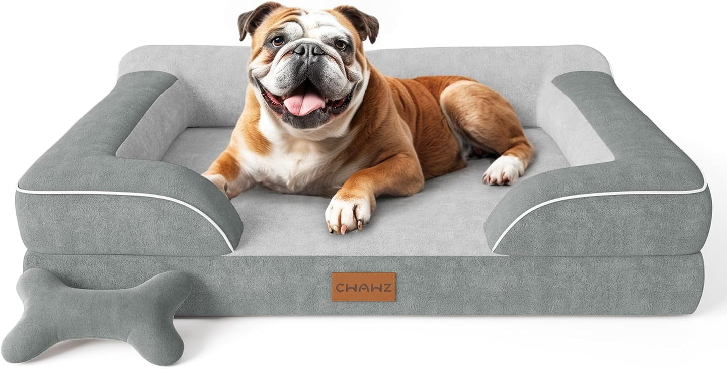 Dog Beds for Large Dogs, Orthopedic Dog Bed with Cooling Gel Memory Foam, Waterproof Large Pet Bed with Removable Washable Cover, 36" Pet Sofa Couch Dutch Velvet with Bone Toy, Light Gray