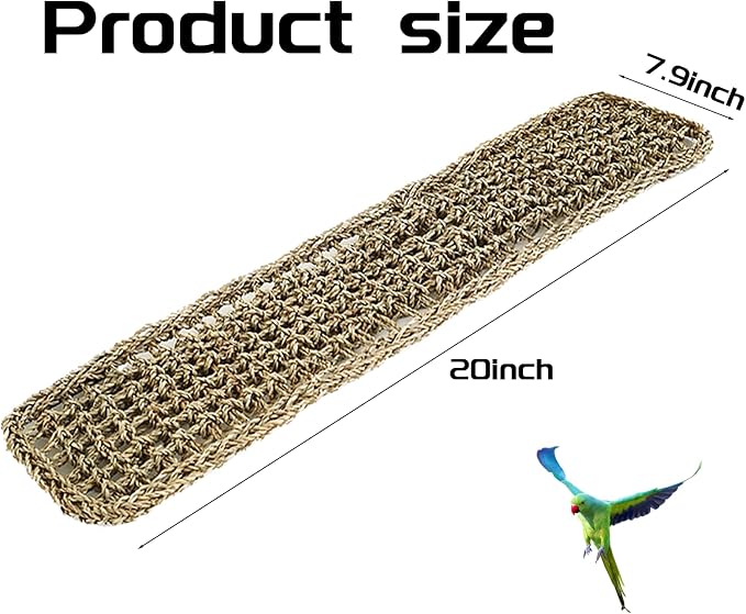20.5 x 7.9 Inches Bird Seagrass Mat, Natural Grass Woven Bird Net Hammock Mat, Climbing Rope Ladder Chew Toy, Bird Cage Accessories for Parrots, Psittacines, Cockatiels, Hamsters, Lovebirds（2 Pack）