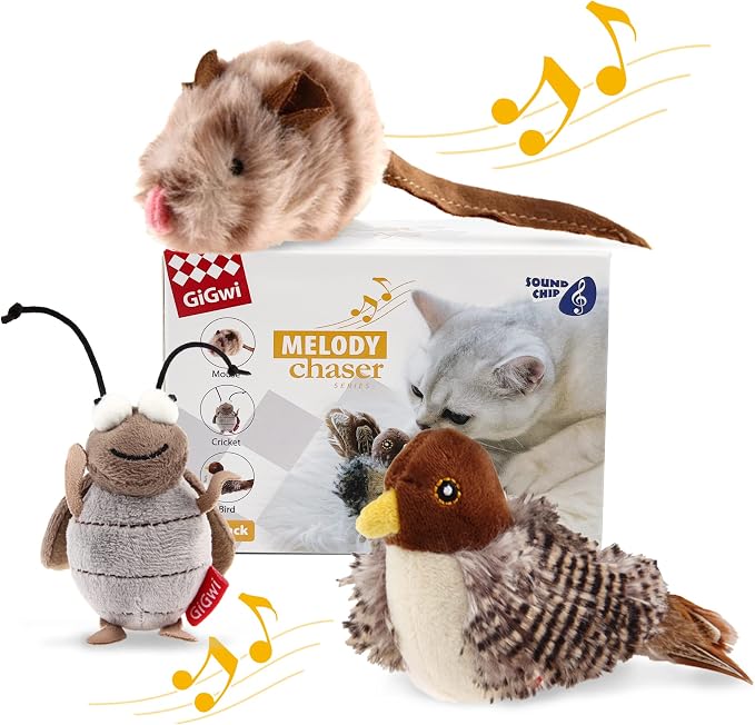 Gigwi Automatic Cat Toys Pack - Interactive Electronic Plush Toys with Bird/Cricket/Mouse Sounds for Indoor Cats to Play Alone and Squeak, 3 Pcs
