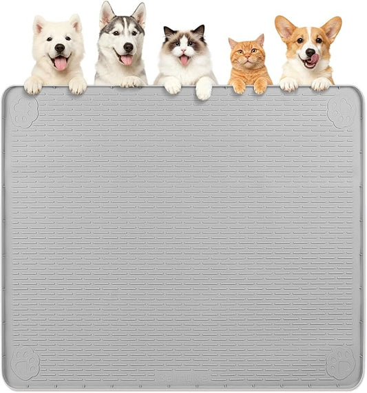 Dog Food Mat, Extra Large 40" x 40" Silicone Pet Feeding Mat with Raised Edge Pet Placemat for Small, Medium, and Large Pets Non-Slip, Easy to Clean (Light Grey)