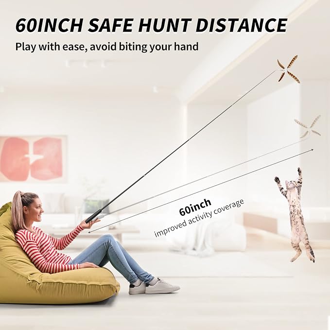 uahpet Natural Feather Cat Toys for Indoor Cats Retractable Cat Wand 60inch Safe Hunting Distance Interactive Toys for Kittens with 8Pcs Different Senses Replacement Teasers