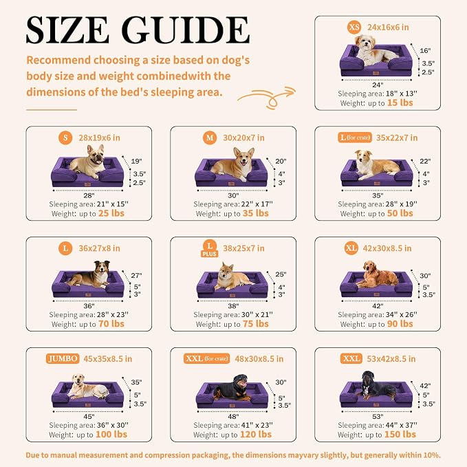 Comfort Expression Orthopedic Dog Bed for Extra Large Dogs 42x30 Inch, Waterproof Egg Crate Foam XL Pet Bed with Removable Bolsters, Dog Couch with Washable Cover & Non-Slip Bottom, Deep Purple