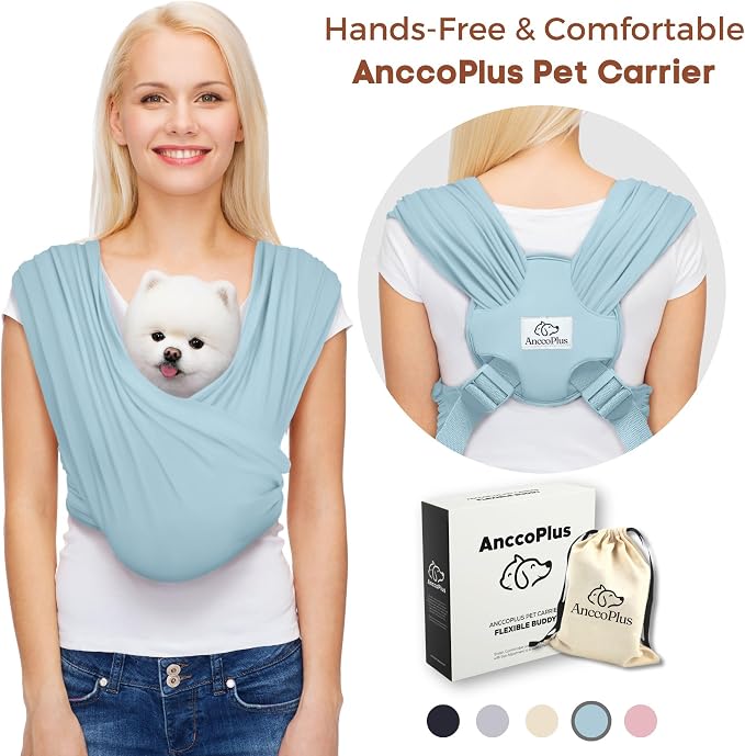 AnccoPlus Dog Carriers for Small Dogs, Front Facing Dog Sling Carrier, Hands Free Cat Carrier, Size Adjustable, Reducing Back Pain, Premium Cotton, Safe and Soft Dog Carrier (Regular, Baby Blue)