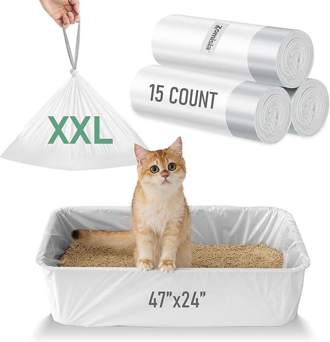 ZOMISIA Cat Litter Box Liner XL - 15 Count 47" x 24" Jumbo Litter Bags with Drawstring, Extra Thick Kitty Litter Pan Liners Tear Resistant Heavy Duty, Easy Clean up for Litter Tray, Unscented