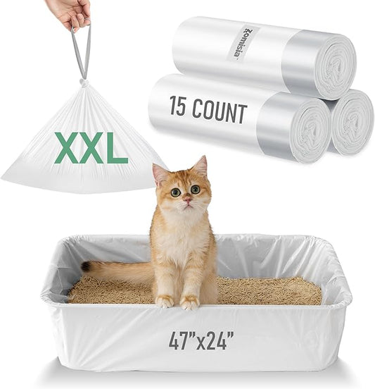ZOMISIA Cat Litter Box Liner XL - 15 Count 47" x 24" Jumbo Litter Bags with Drawstring, Extra Thick Kitty Litter Pan Liners Tear Resistant Heavy Duty, Easy Clean up for Litter Tray, Unscented