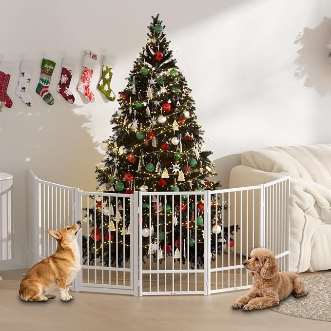 SNUOWU Full Metal Freestanding Dog Gate with Door, 36''Height Foldable Pet Dog Fence for Indoor & Outdoor, 6 Panels Extra Wide Free Standing TallDog Gates for Doorways,House,Stairs,Porch,Deck,Yard
