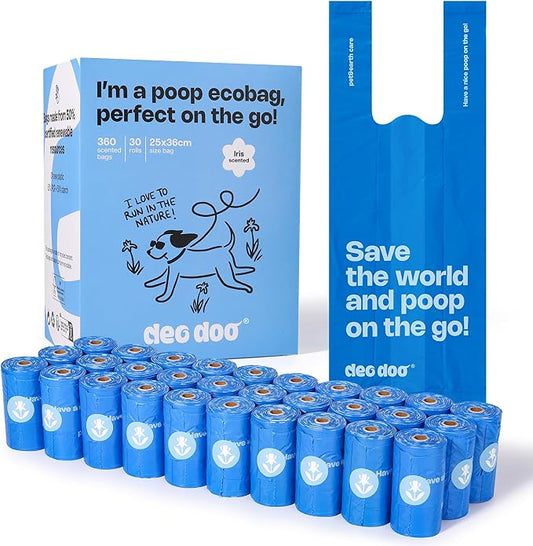 Deo Doo Dog Poop Bags with Handles 30 Rolls 360 Counts Big Sizes Leak Proof and Extra Thick Waste Bags Refill Rolls for Walking Small Medium Large Dogs Cats Litter Iris Scented