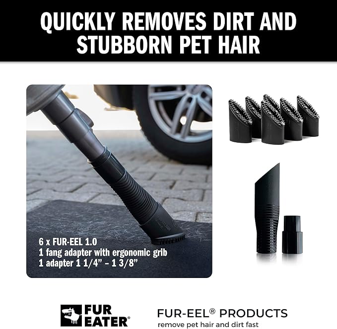 PRO 1.0 Pet Hair Remover Kit, 6 Rubber Brush Heads with Handle & Adapter, Fits 1-1/4, 1-3/8 & 1-1/2 in Round Hoses, for Dog & Cat Hair, Car Detailing, Carpet & Upholstery
