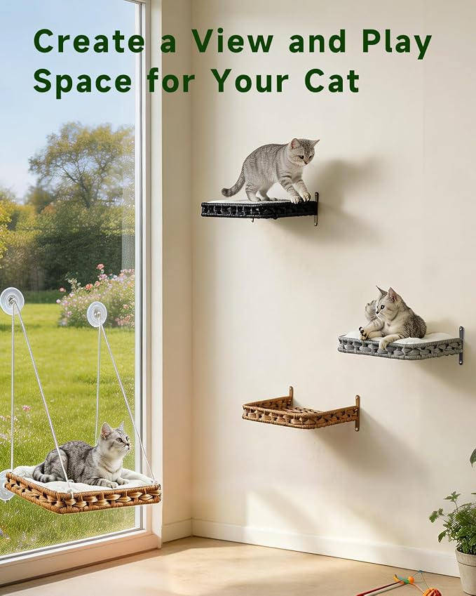 SETVSON Cat Window Perch 2-in-1 Cat Window Hammock Bed & Wall Shelves, Large Handwoven PE Rattan Kitty Seat, 4 Suction Cups,Double Sided Washable Cushion Bed, 2.3 Inch Fence Shelf, Pet Kittens Natural