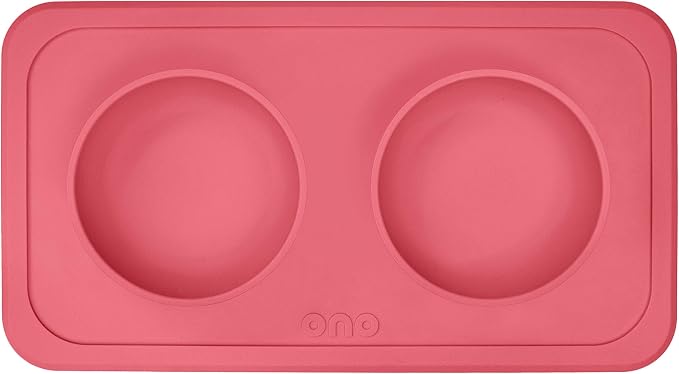 Ono Good Bowl Food & Water Double Feeder - Small to Medium Pets No Spill Non Skid Silicone Mat & Stainless Steel Bowls for Dogs or Cats (Coral)