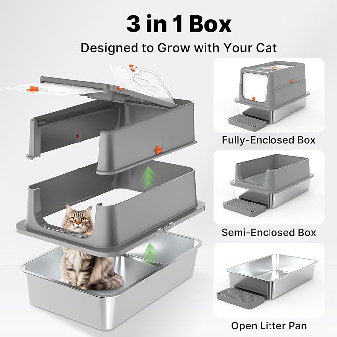 Stainless Steel Litter Box with Flip Lid, XL Extra Large Cat Litter Box with High Sided Top Entry Design, Anti-Leakage Enclosed Metal Litterbox for Big Cats, with Handle, Mat, Pedal & Scoop, Dark Grey