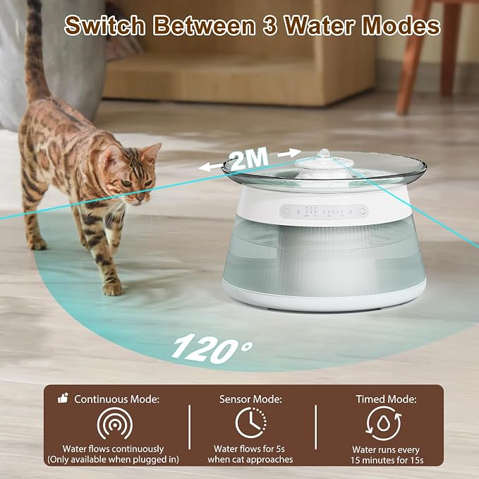 Glass Smart Cat Water Fountain, Cordless Filterless Cat Drinking Fountain No Filter Needed, Ultra Silent Wireless Pet Water Dispenser Bowl Indoor