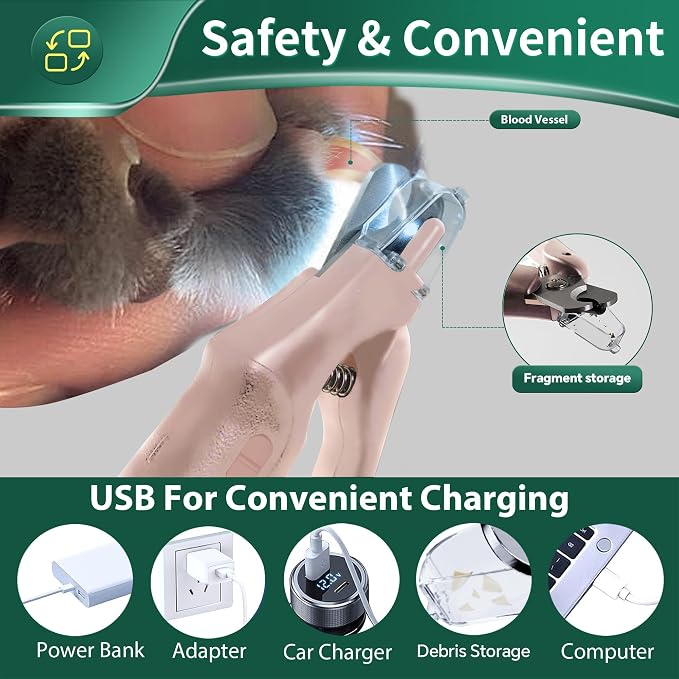 2 in 1 Dog Nail Clippers & Cat Nail Clippers Trimmers for Large Medium Small Dogs Cats Claw Trimmer Quick Sensor and Safety Guard USB Rechargeable Dogs Nail Trimmer with Catcher & 2 LED Lights