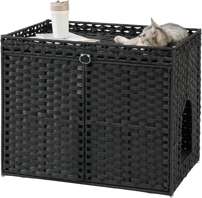 SETVSON Cat Litter Box Enclosure Furniture, Hidden Litter Box, Cat Litter Box Cabinet with 2 Litter Mats, Handwoven Rattan Large Space Cat House, Indoor for Living Room, Bedroom, Apartment Black