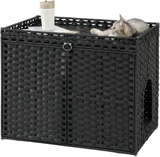 SETVSON Cat Litter Box Enclosure Furniture, Hidden Litter Box, Cat Litter Box Cabinet with 2 Litter Mats, Handwoven Rattan Large Space Cat House, Indoor for Living Room, Bedroom, Apartment Black