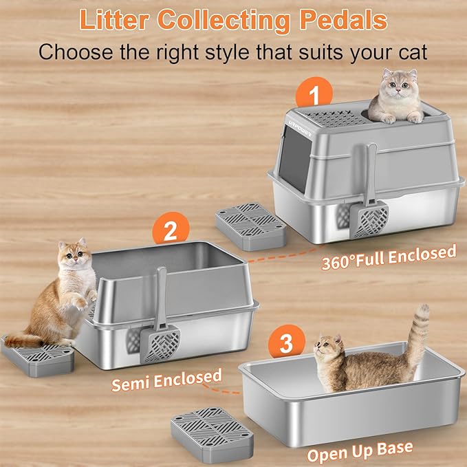 URPOWER Stainless Steel Cat Litter Box with Lid Extra Large Enclosed Litter Box Non-Sticky Metal Pan with High Sided & Scoop, Odor Free, Front & Top Entry, Anti-Leakage, Easy Cleaning