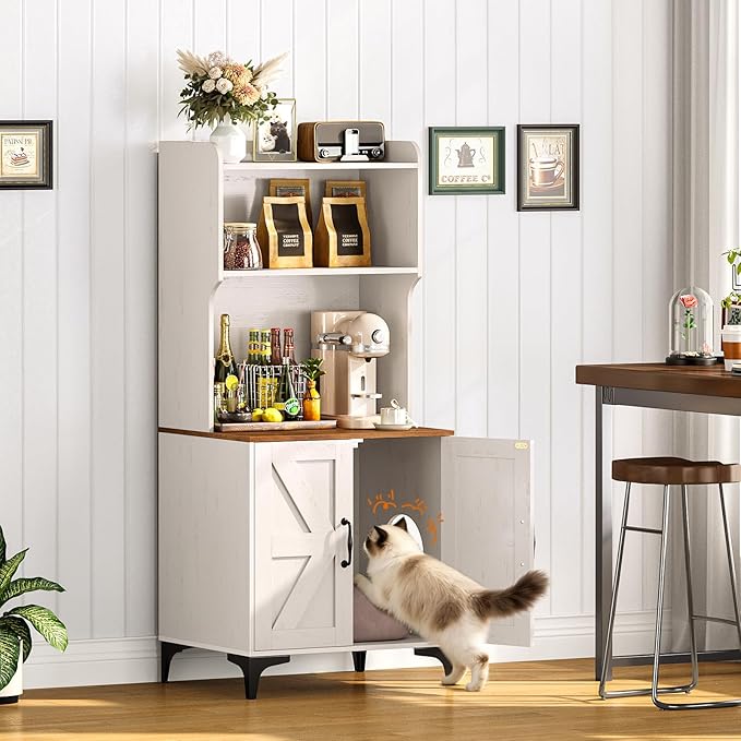Snughome Cat Litter Box Enclosure with Storage Shelves, 2-in-1 Modern Cat Litter Box Enclosure Furniture Hidden, Wooden Cat Washroom Cat House with Metal Legs, Fit Most of Litter Box, White