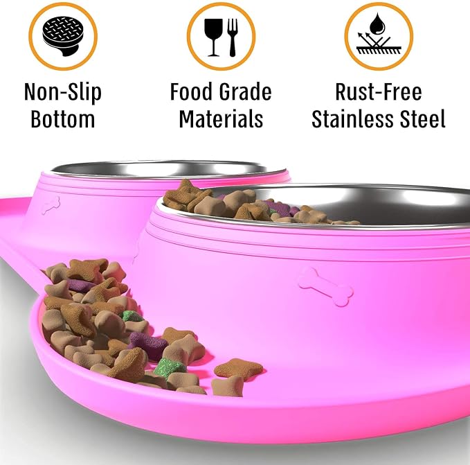 Active Pets Dog Bowl Set, Stainless Steel No Spill Mess-Proof Food & Water Food Bowls with Skid Resistant Silicone Mat, Dog Bowls Small Size Dog, Medium, & Large, Pet Puppy Bowls & Dog Dishes