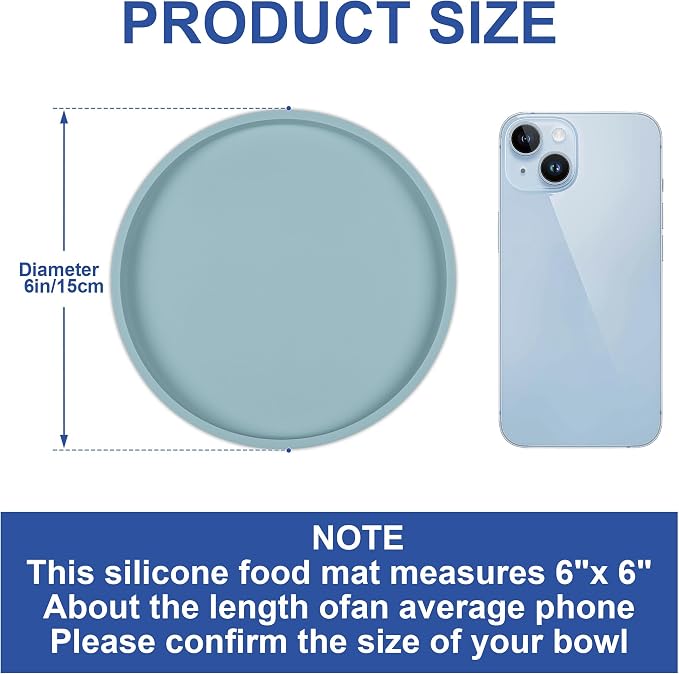 Arespark Pet Silicone Food Mat, 6in x 6in Set of 4 Nonslip Waterproof Feeding Bowl Mat with Raised Edges for Food and Water Prevent Spills, Round Eating Tray for Dog Cat Puppy Kitten (Light Blue)