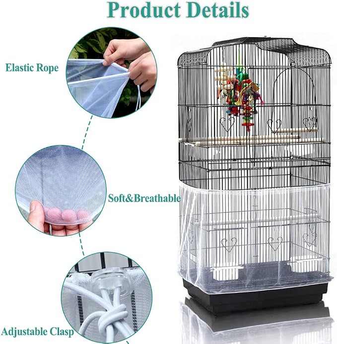 ASOCEA Bird Cage Seed Cather with Adjustable Bird Harness and Leash Universal Adjustable Birdcage Cover Skirt Nylon Mesh Netting Parrot Parakeet Macaw African Round Square Cages Cover