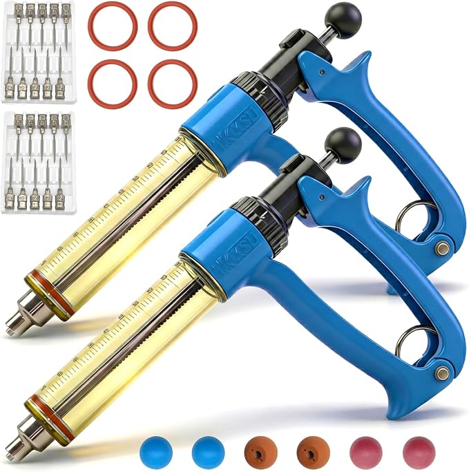 2-Pack 50mL Semi Automatic Livestock Syringe Adjustable Dosage Repeater Injector (1-5mL) with Luer Lock Tip for Cattle, Sheep, Goats & Pigs Continuous Injection Gun for Farm Herd, Blue