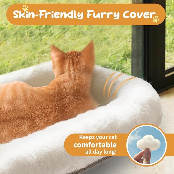 Cordless Cat Window Perch, Foldable Cat Window Hammock, 4 Strong Suction Cups, Solid Metal Frame, Patented Hook Design (Cushion White L)
