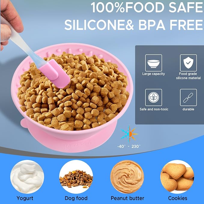 Dog Lick Bowl – Silicone Lick Mat for Dogs,Freezer-Safe, Slow Feeder, Non-Slip Base, Includes Brush & Scraper, Large Opening for Anxiety Relief & Oral Health, Ideal for Frozen Treats (Pink)-Large