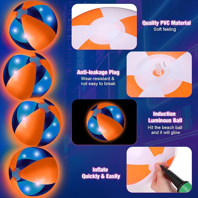 MiniInflat 12 Pcs Light up Beach Balls 16'' Jumbo Pool LED Balls Glow in the Dark Neon Giant Inflatable for Summer Hawaiian Tropical Theme Beach Party Decor Water Accessory (Orange)