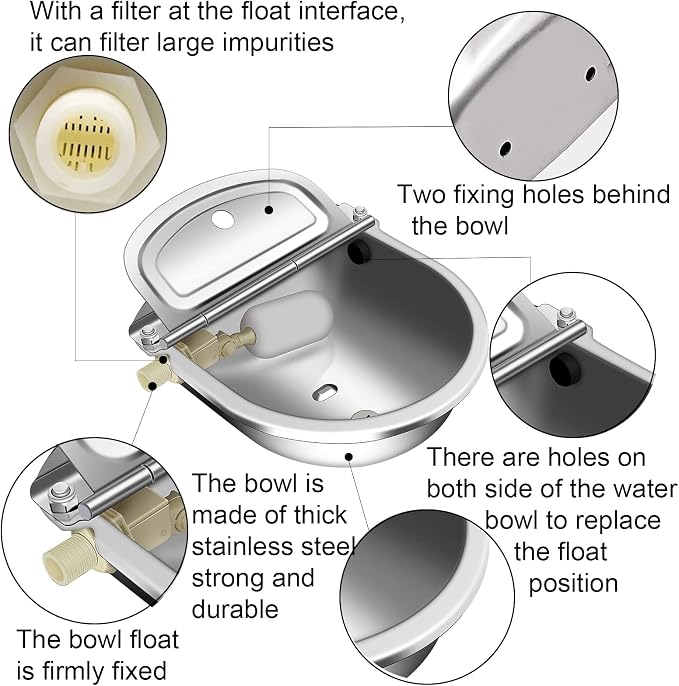 Automatic Animal Drinking Water Bowl, Stainless Steel Automatic Water Dispenser for Dogs Horses Goats, Livestock Waterer Water Trough with 2 Float Valves, Hose