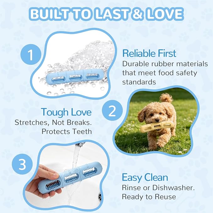 Bite and Brush Puppy Teething Chew Toy with Bristles, Stuffable Rubber Teether for Small Medium Dogs, BPA-Free, Teeth Cleaning & Teething Relief, Keeps Puppy Busy (3pcs)