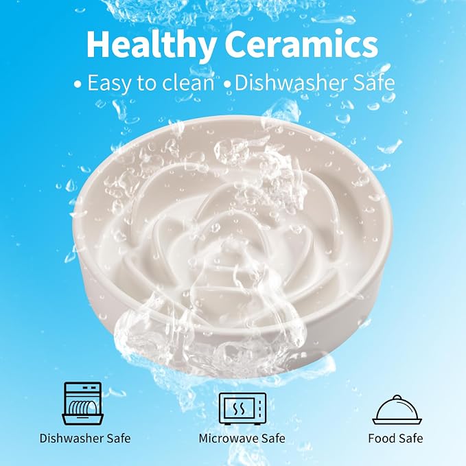 White Ceramic Dog Bowl Slow Feeder for Medium and Large Breed, Elevated/Raised 1.5 Cup 8.26 in Slow Feeding Bowl,Puzzle Dog Food Bowl for Fast Eater,Maze Dish for Fast Eater