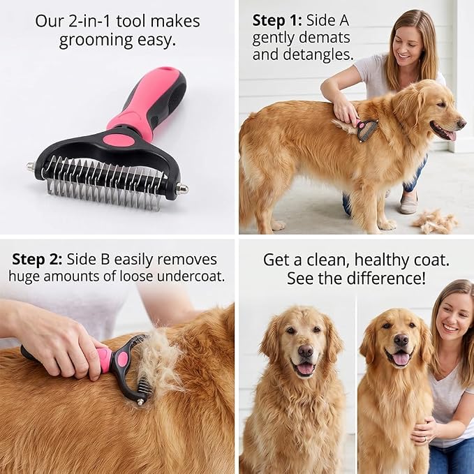 Universal Pet Detangling Comb for Dogs — Double-Sided Stainless Steel Grooming Tool for Coat Care, Dematting Comb for Dogs and Cats (1PC Pink)
