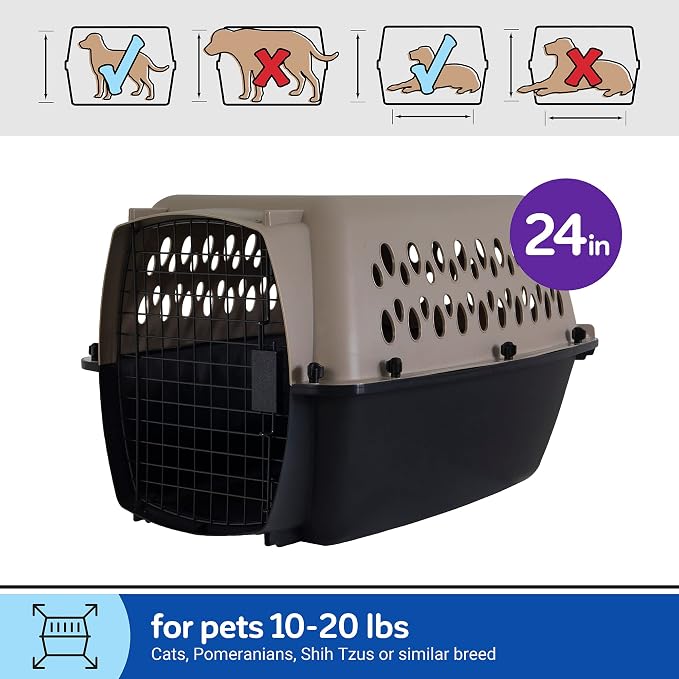 Petmate Vari Dog Kennel Portable Carriers & Crates for Smaller Dogs or Puppies and Pets 10 to 20 lbs, Airline-Friendly Plastic Pet Carrier Home and Travel, 24" Long, Taupe & Black, 24” x 16.7” x 14.5”