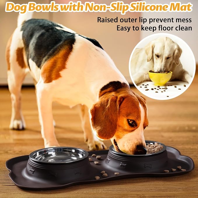 Hubulk Pet Dog Bowls 2 Stainless Steel Dog Bowl with No Spill Non-Skid Silicone Mat + Pet Food Scoop Water and Food Feeder Bowls for Feeding Small Medium Large Dogs Cats Puppies (Large, Chocolate)