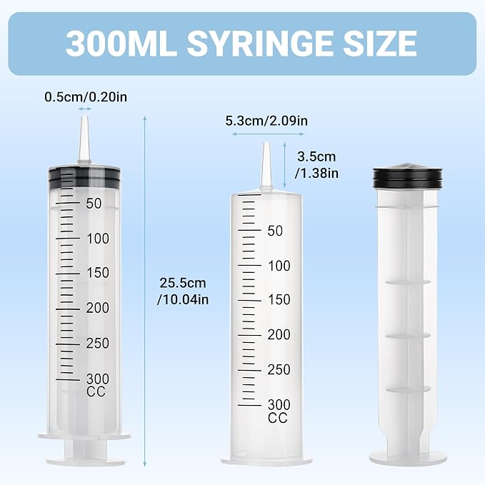 5Pack 300ml Syringe, Large Syringe for Thick Liquids with Tip Adapter, for Feeding Pets, Liquid Refilling, Drawing, Scientific Labs, Oil Transfer, Plant Watering & Refilling