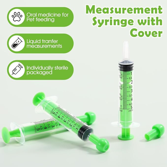 TrelaCo 100 Pack 5ml Syringes with Caps, Colored Plastic Measuring Syringe for Liquid, Pet Feeding, DIY, Party, Craft, Individually Sealed and Wrapped(Green)