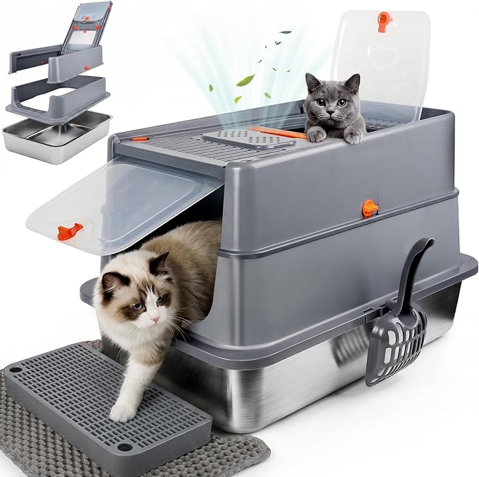 XLarge Stainless Steel Litter Box with Flip Top Lid, High Sided Enclosed Metal Cat Litter Pan, Dog Proof Odor Control Easy Clean, Includes Litter Mat & Scoop, Step Pedal, Carbon Filter, Gray-XL