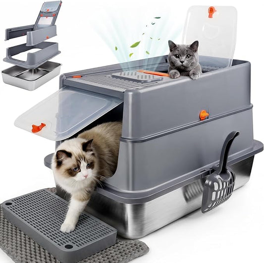 XLarge Stainless Steel Litter Box with Flip Top Lid, High Sided Enclosed Metal Cat Litter Pan, Dog Proof Odor Control Easy Clean, Includes Litter Mat & Scoop, Step Pedal, Carbon Filter, Gray-XL