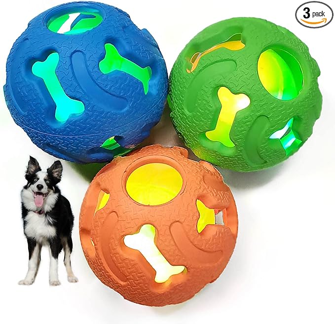 Leejec Dog Toys, 2.5" Interactive Light up Balls, Chew Toys for Medium and Small Breed, Rubber Durable Fetch Training Balls, Pet Birthday Gift, 3-Pack