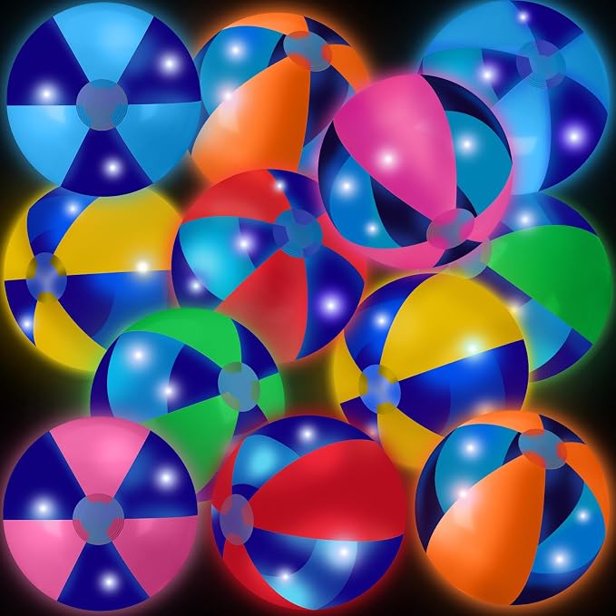 MiniInflat 12 Pcs Light up Beach Balls 16'' Jumbo Pool LED Balls Glow in the Dark Neon Giant Inflatable for Summer Hawaiian Tropical Theme Beach Party Decor Water Accessory (Mixed Color)