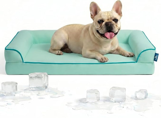 Cooling Dog Bed for Small,Medium Dogs & Cats with Bolsters,Q-Max>0.45 Orthopedic Pet Cool Sofa Beds with Breathable Egg Crate Foam,Removable Washable Cover, Light Aqua
