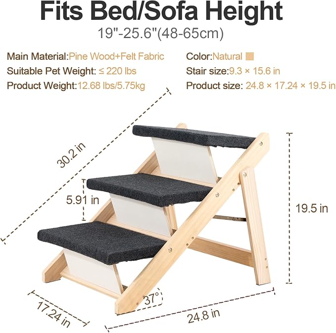 MEWANG Wood Pet Stairs & Ramp for Small/Medium Dogs and Cats, Aging Pets – 2-in-1 Foldable, Portable, Non-Slip Pet Ladder for Tall Beds, Couches,Cars–Holds Up to 220 lbs (24.8" L x 17.2" W x 19.5" H)