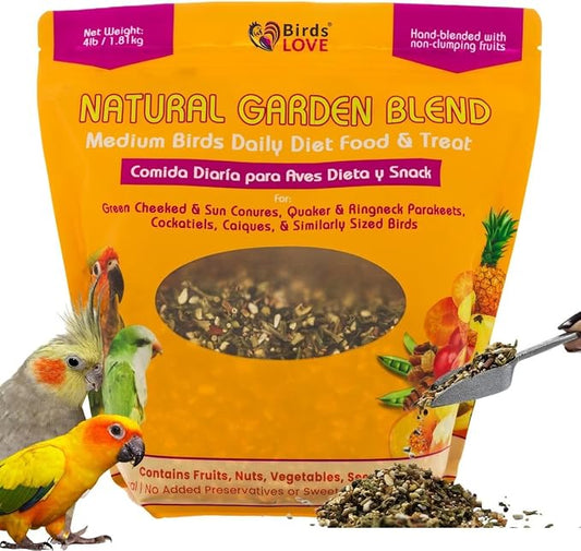 Birds LOVE All Natural Garden Blend Bird Food for Medium Birds, 4 lb, Fruit, Nut, Vegetable & Seed Mix for Cockatiels, Conures, Ringneck Parakeets & Small Quakers, Resealable Freshness Bag
