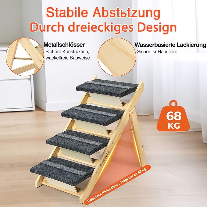 Wooden Dog Stairs& Dog Steps, 2-in-1 Foldable Dog Steps for High Beds, Couch and Cars, Anti-Slip Pet Ramp with 4 Steps Indoor Pet Stairs for Small Medium Large Older Pet Cats up to 150lbs