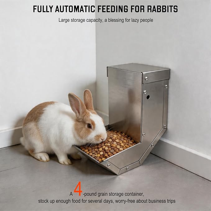 Rabbit Feeder - Small Animal Stainless Steel Gravity Feeding Trough with Lid, Outdoor Durable Cage Feeder Holds Several Days' Food (4 Inch/1.5Lbs)