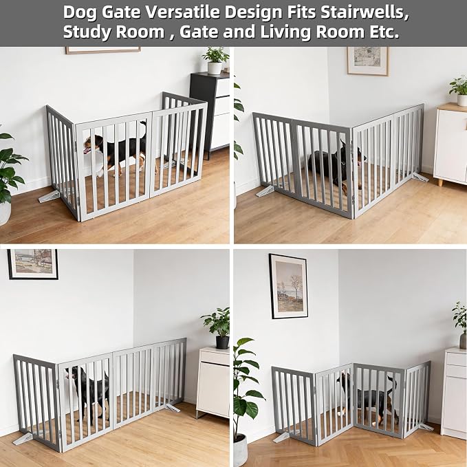 Dog Gate Indoor, Freestanding Dog Fence for The House, Doorways, Hallways,or Stairs,Pet Gate Foldable Wooden,Expandable 24" Height 4 Panels,Grey