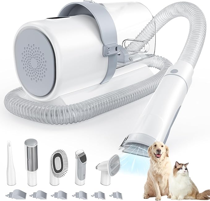 DUMOS Pet Grooming Vacuum Kit, 3 Adjustable Suction Modes, 5 Professional Grooming Tools with Low Noise Dog, 10000PA Cat Hair Clippers for Home Cleaning, 2.5L, Ivory