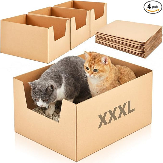 Lounsweer 4 Pack XXL Extra Large Disposable Cat Litter Box, 19 x 15 x 11.75 in Deep High-Sided, Self-Adhesive Leakproof Recyclable Cardboard Litter Box for Large Cats Moving Travel Short-Term Use