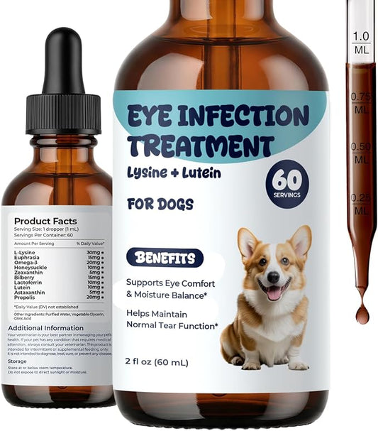 Dog Eye Infection Treatment & Eye Care Support Supplement for Dogs, Helps Soothe, Tear Stains, Discharge & Dry Eyes, with L-Lysine, Omega-3, 2 fl oz